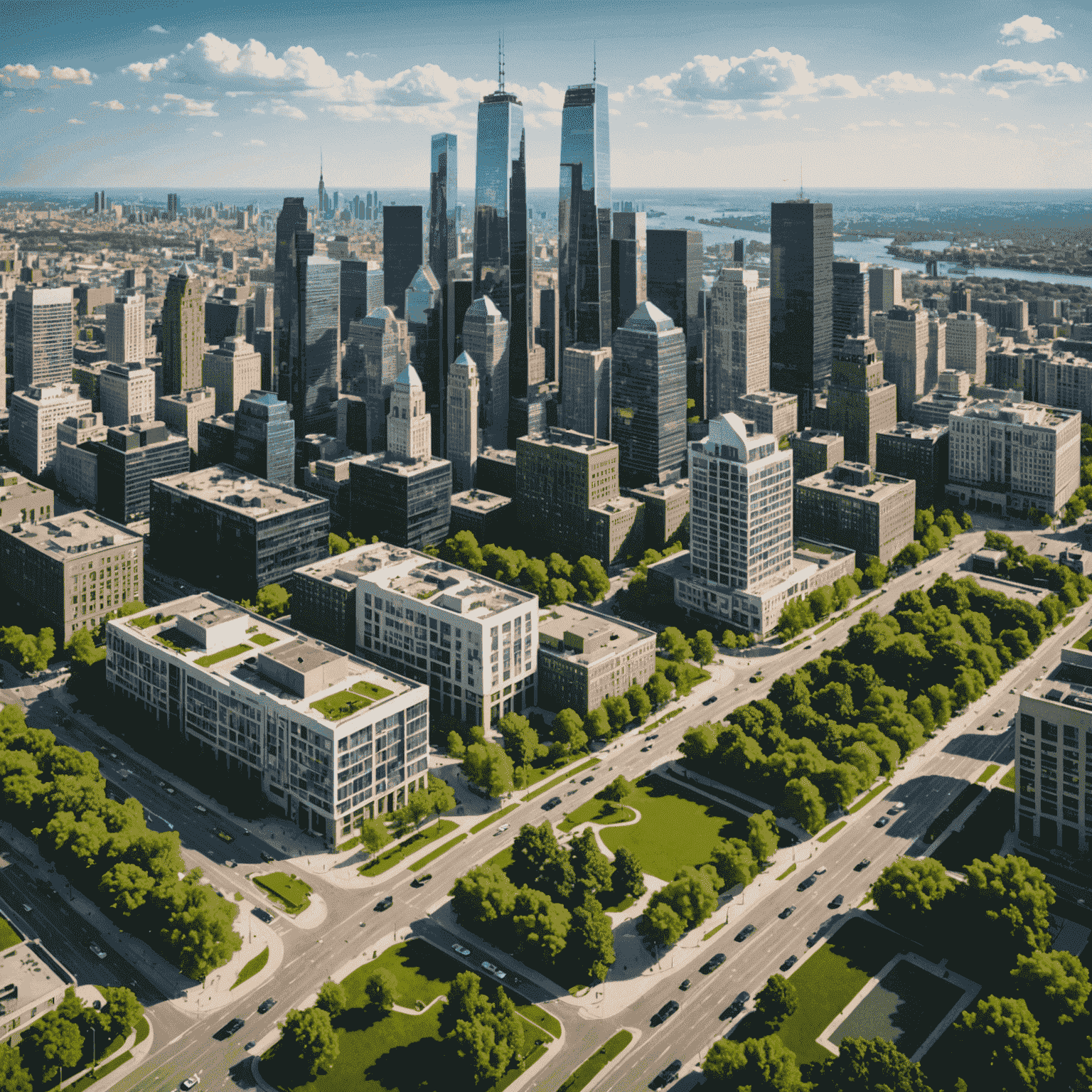 Aerial view of a modern city skyline with green spaces, clean streets, and happy people enjoying outdoor activities. The image showcases the top 5 most livable cities in 2024.