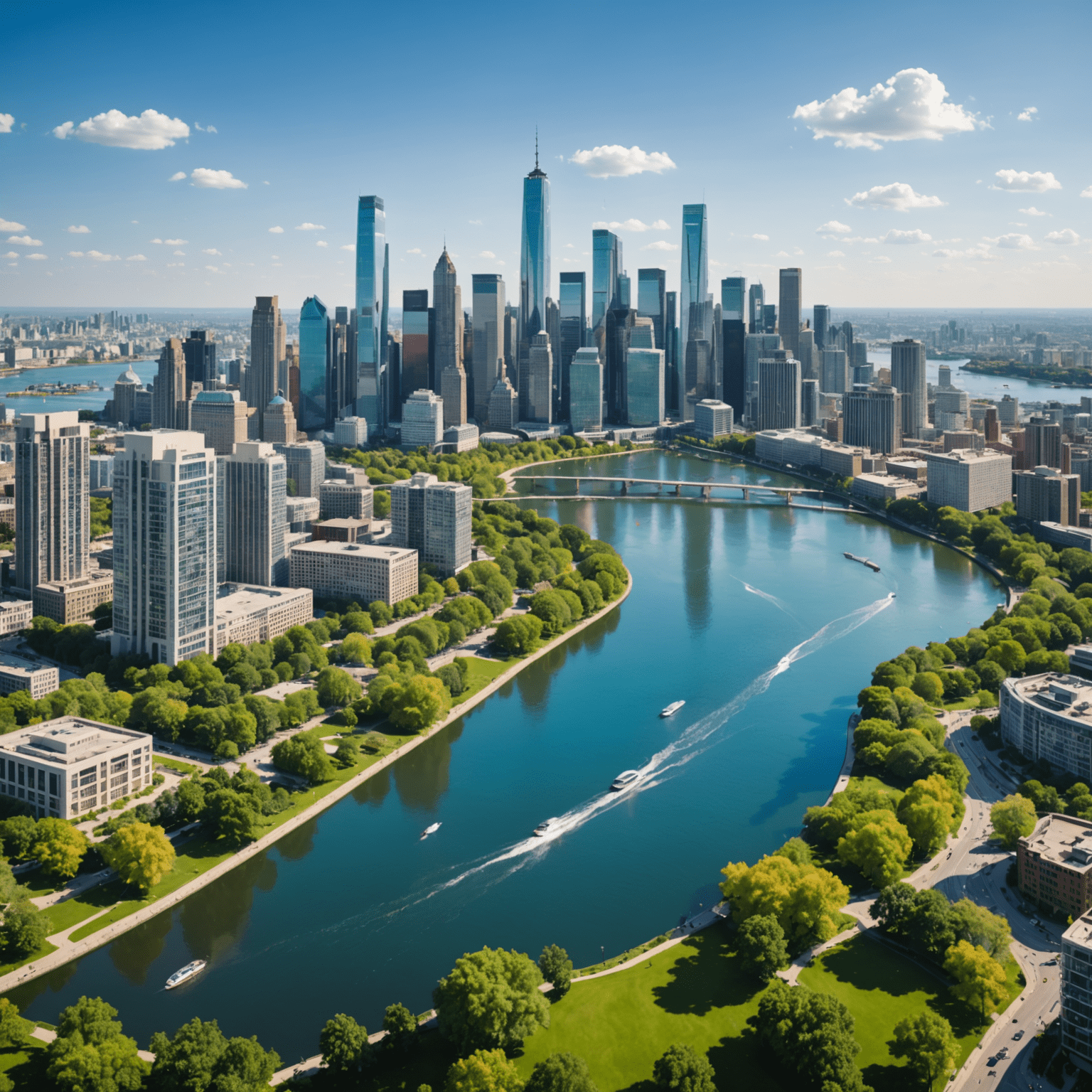 Panoramic view of a vibrant city skyline with modern buildings, lush parks, and clean waterways, representing the world's most livable cities