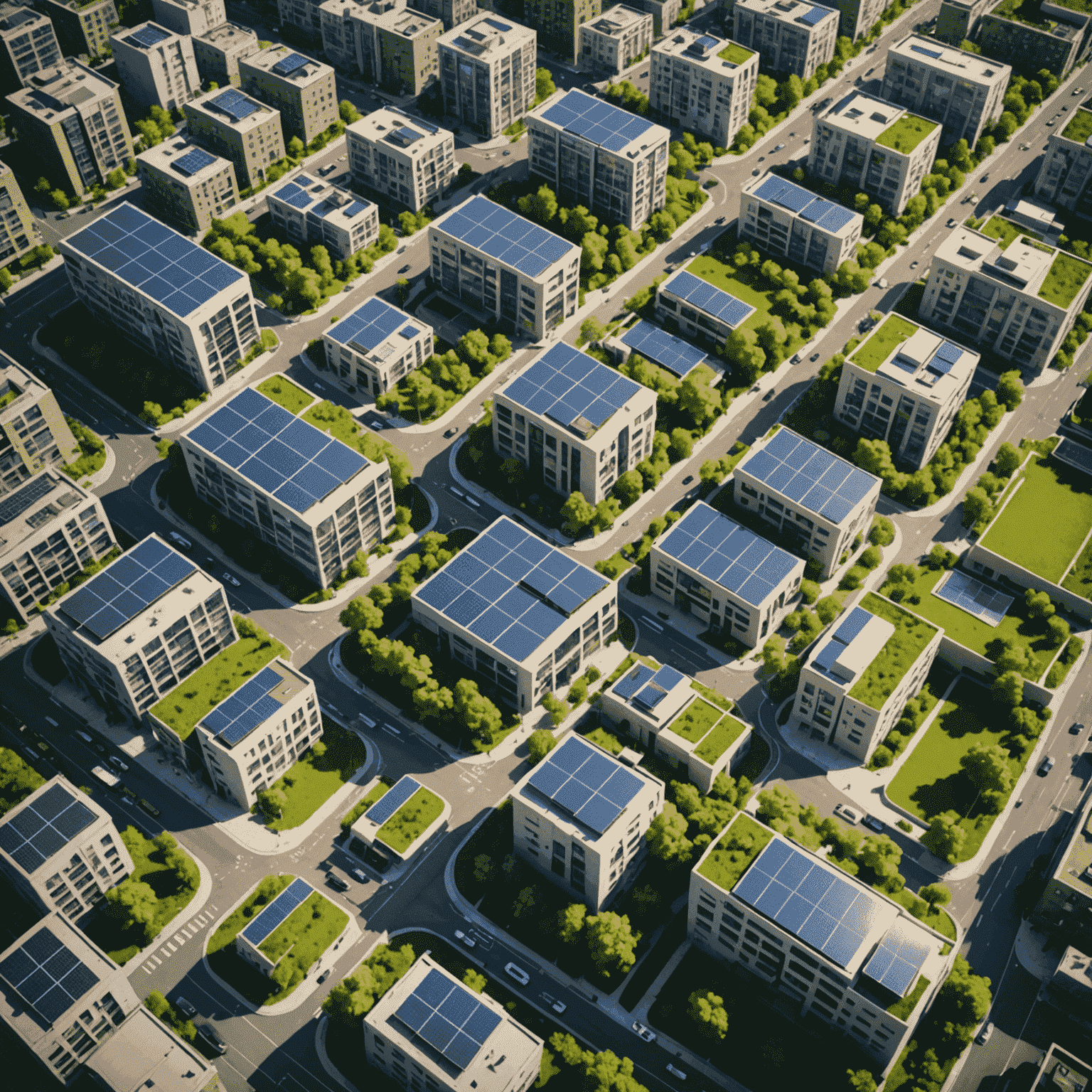 Aerial view of a sustainable city with abundant green spaces, solar panels on rooftops, and electric public transportation