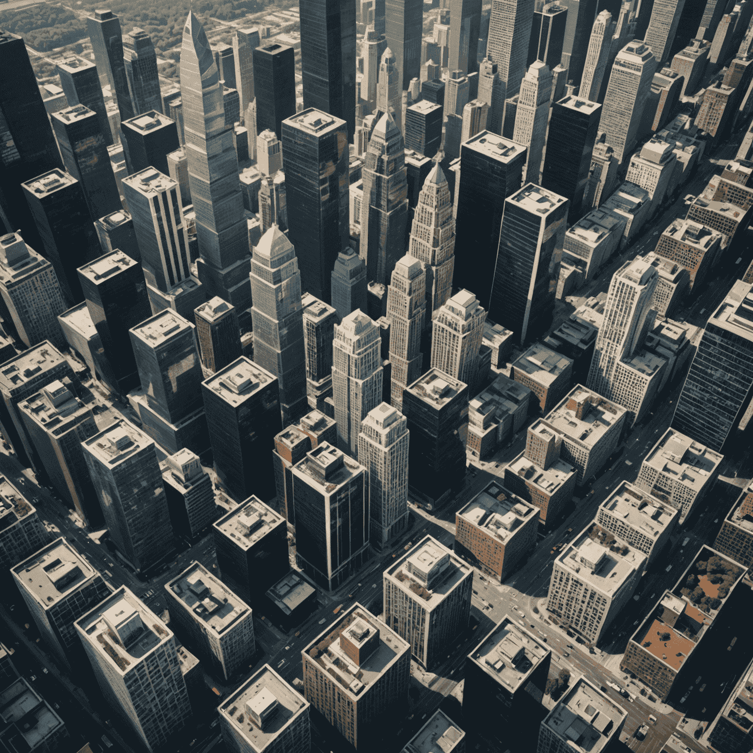 Aerial view of a bustling city skyline with modern skyscrapers, busy streets, and a mix of residential and commercial areas, symbolizing a thriving job market and diverse career opportunities