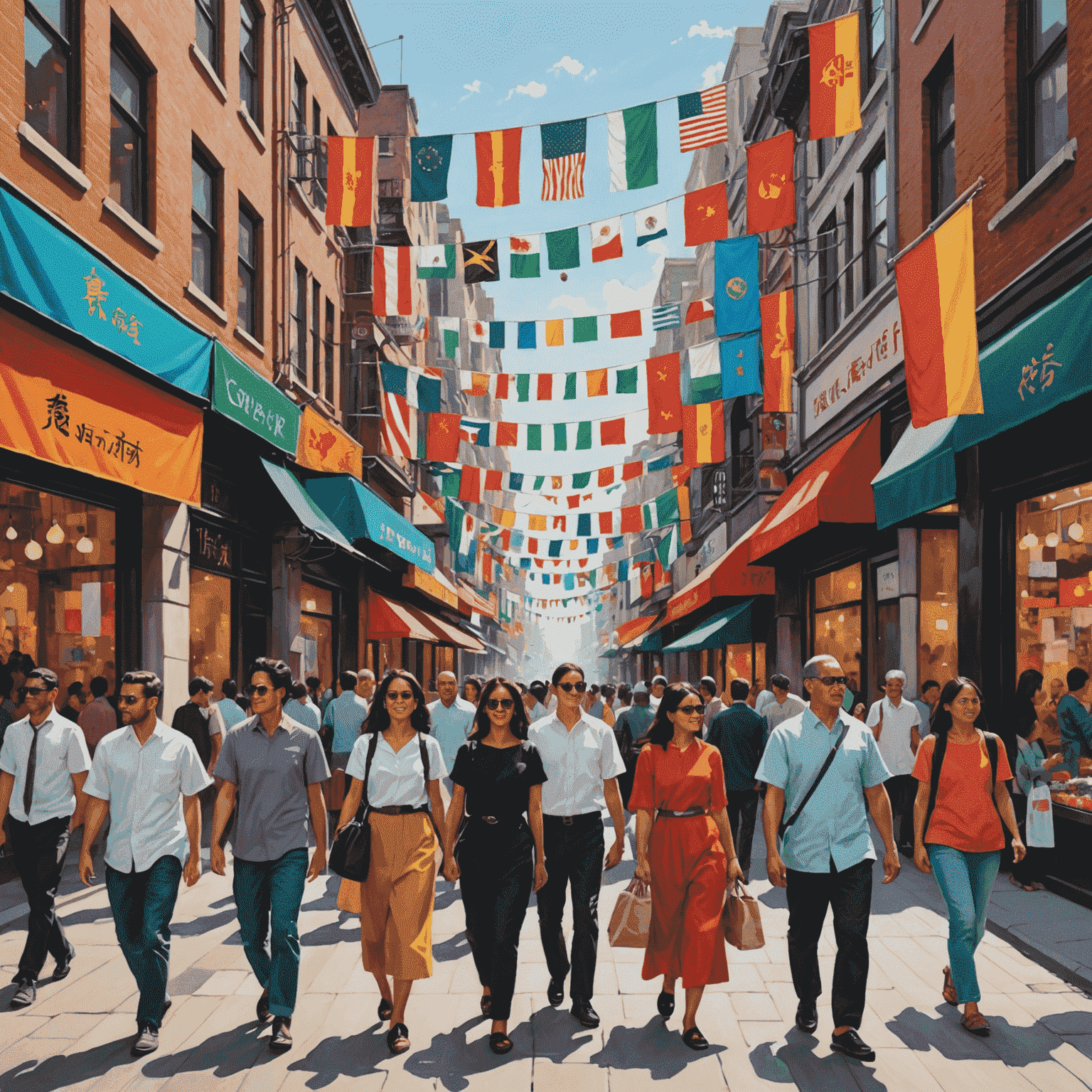 A vibrant cityscape showcasing a diverse mix of people from various cultures walking on a busy street, with colorful international flags and storefronts representing different cuisines and traditions