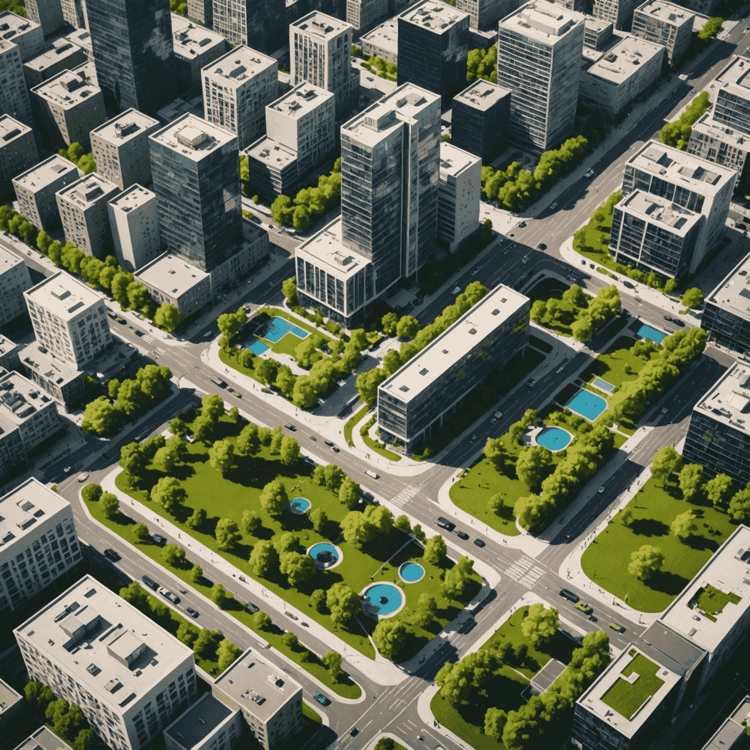 Aerial view of a modern city with green spaces, efficient public transportation, and happy residents enjoying various amenities