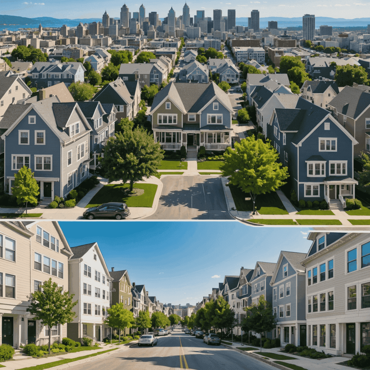 Split image comparing a cozy, affordable neighborhood with charming small houses to a luxurious high-rise cityscape, illustrating the contrast between budget-friendly and expensive urban living.