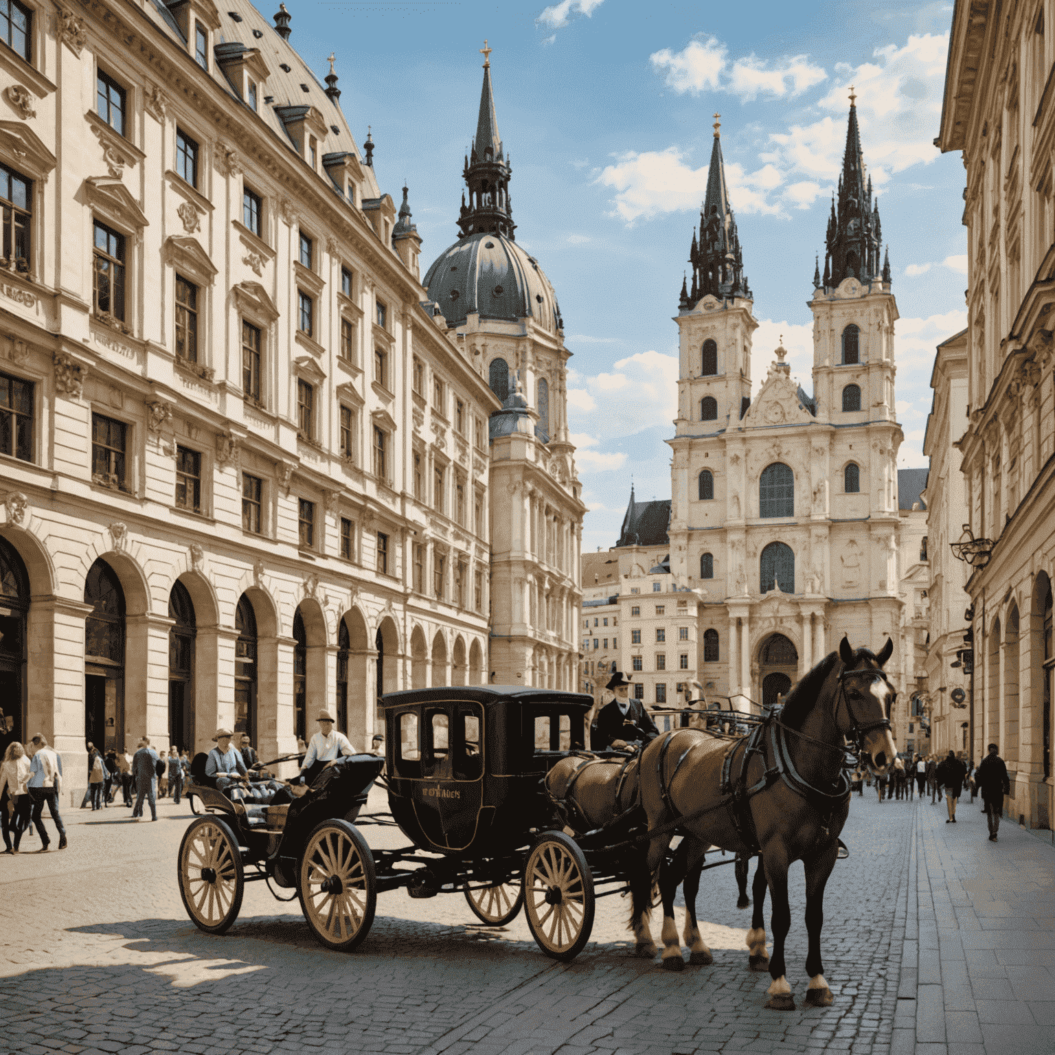 Beautiful view of Vienna's historic city center with St. Stephen's Cathedral, horse-drawn carriages, and well-maintained Baroque architecture