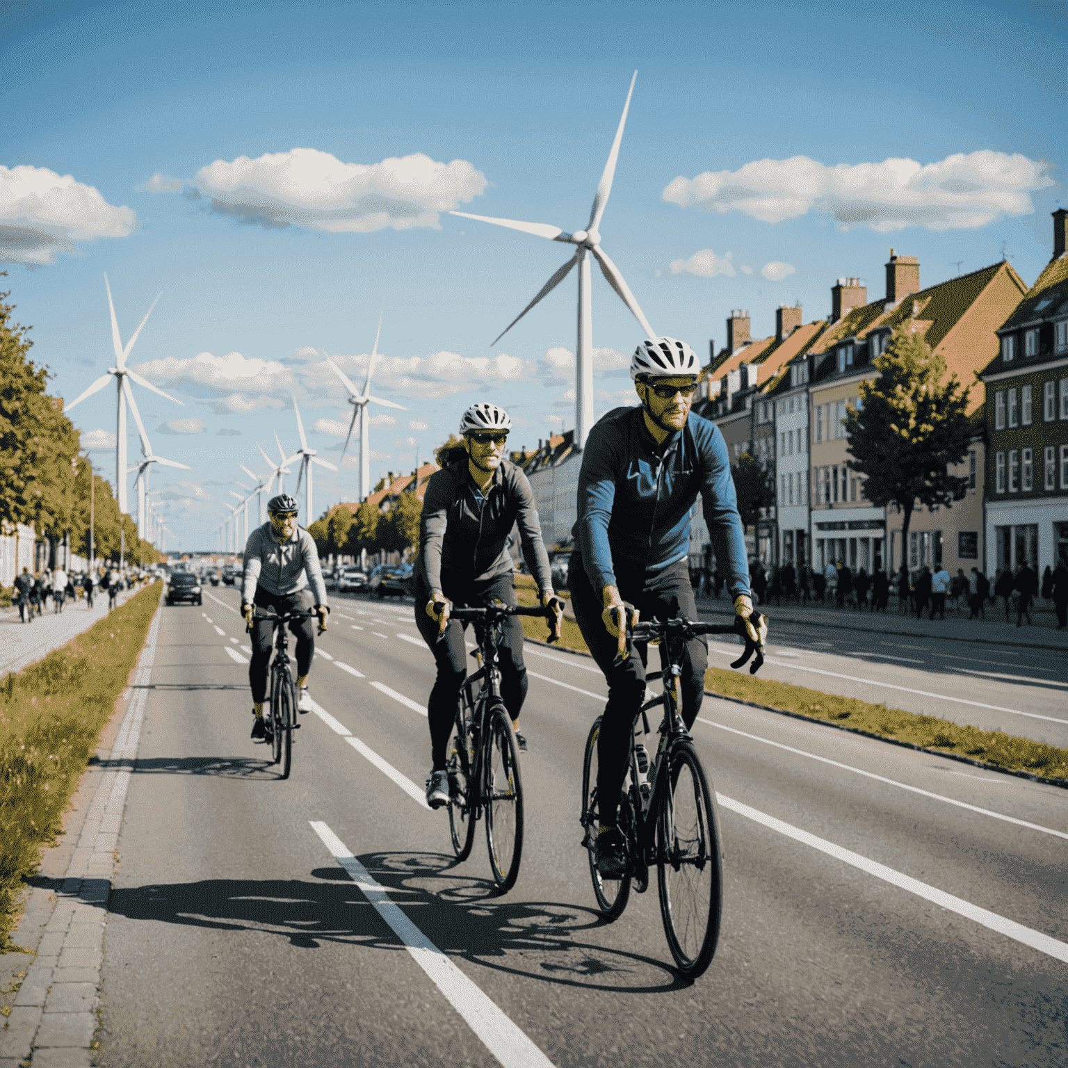 Cyclists on dedicated bike lanes in Copenhagen with wind turbines in the background