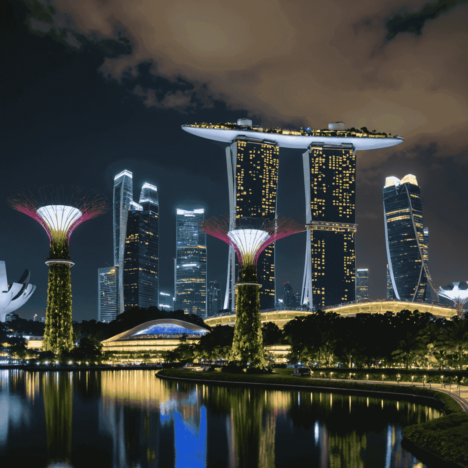 A panoramic view of Singapore's skyline at night, showcasing the iconic Marina Bay Sands and the Supertree Grove at Gardens by the Bay, symbolizing the city's modern multiculturalism