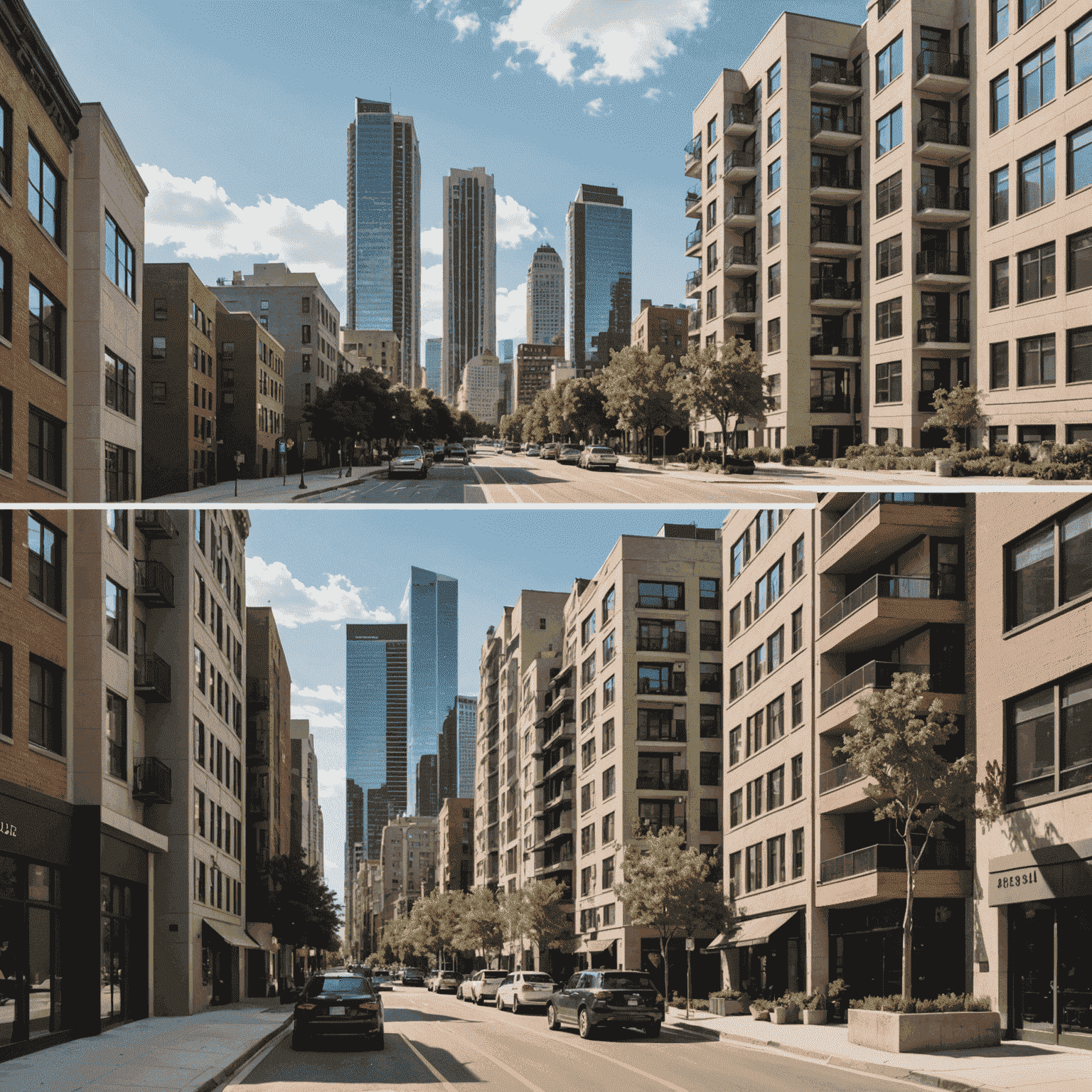 Split image comparing a cozy affordable neighborhood with a luxurious high-rise cityscape, showcasing the contrast between budget-friendly and expensive urban living