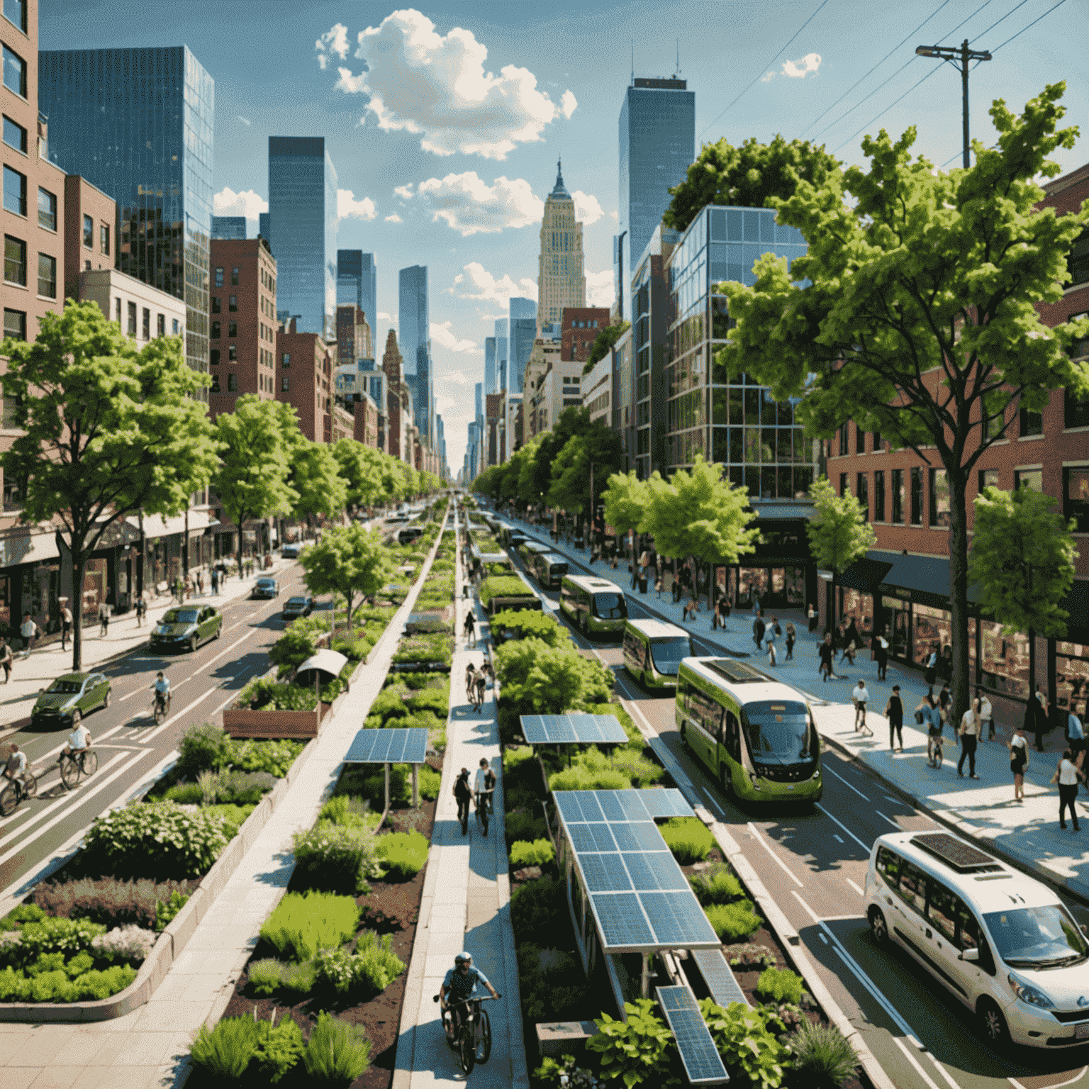 Collage of green cities featuring solar panels, bike lanes, urban gardens, and electric public transportation, showcasing various aspects of sustainable urban living.