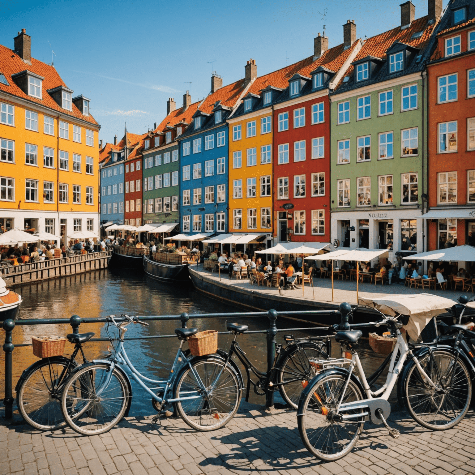 Colorful houses along Nyhavn canal in Copenhagen, with bicycles parked along the street and people enjoying outdoor cafes