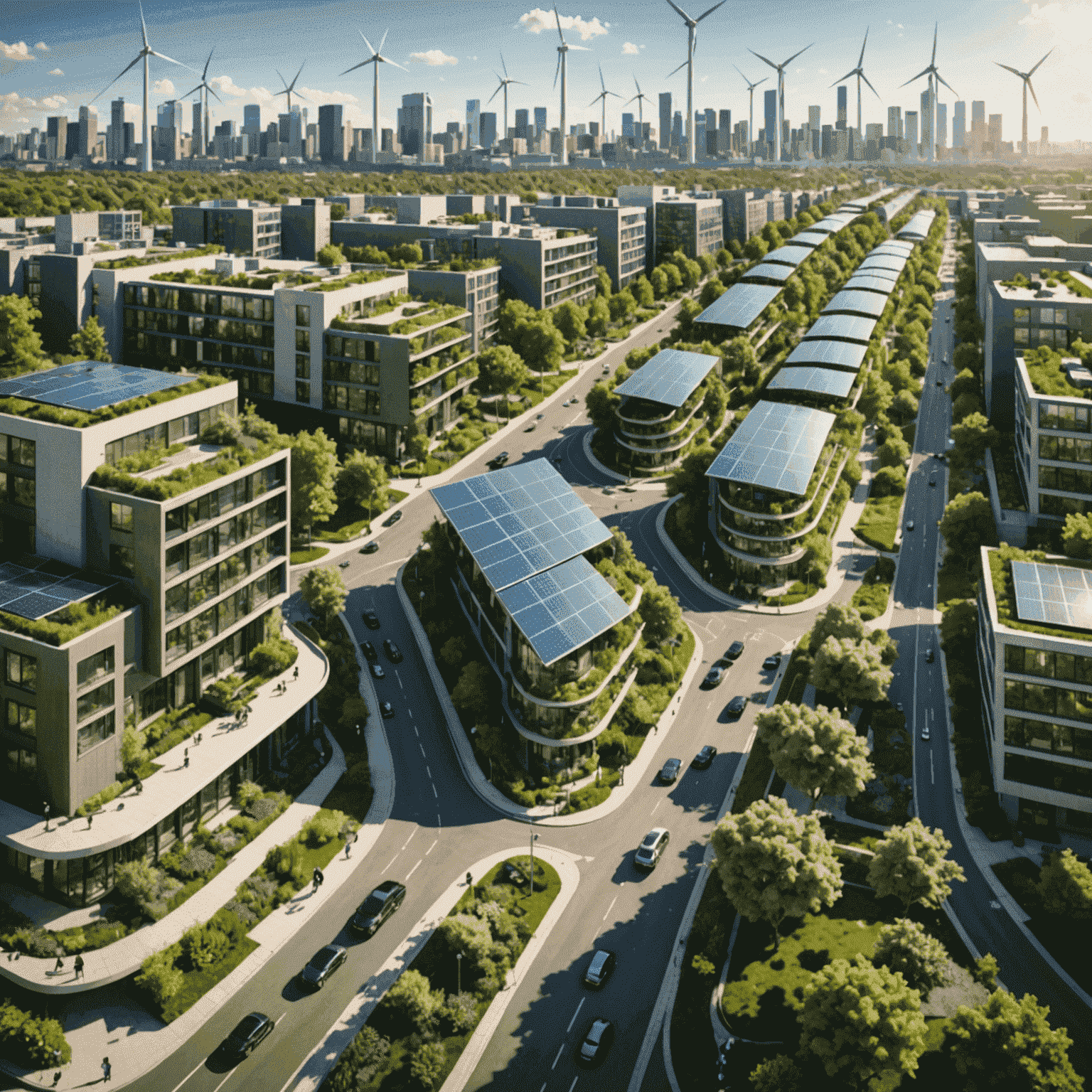 Panoramic view of a green city with solar panels, wind turbines, extensive bike lanes, and lush urban gardens, exemplifying sustainable urban living