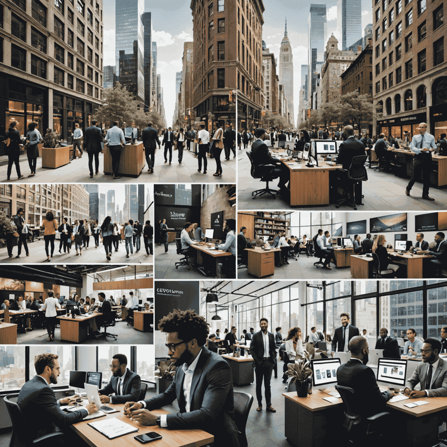 Montage of diverse professionals in various work environments, from tech startups to financial districts, representing cities with thriving job markets across different industries.