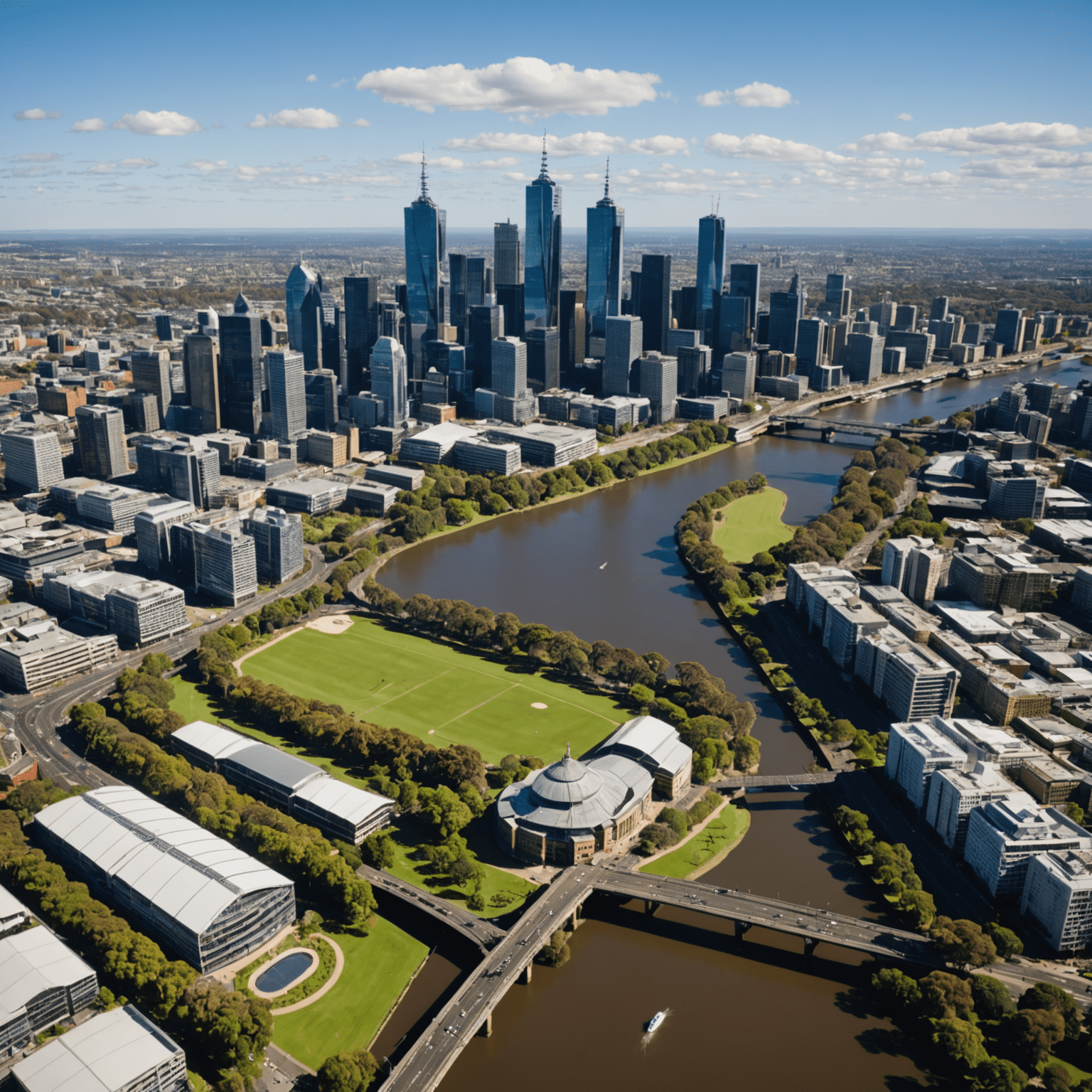 Aerial view of Melbourne's skyline with the Yarra River, Royal Botanic Gardens, and iconic sporting venues visible