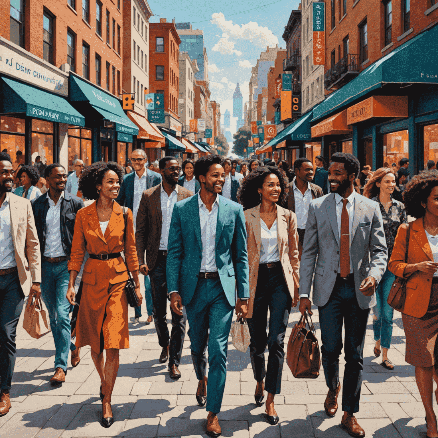 Vibrant street scene showcasing people from various ethnicities, cultures, and backgrounds interacting in a lively urban setting, representing the most diverse cities for expatriates.