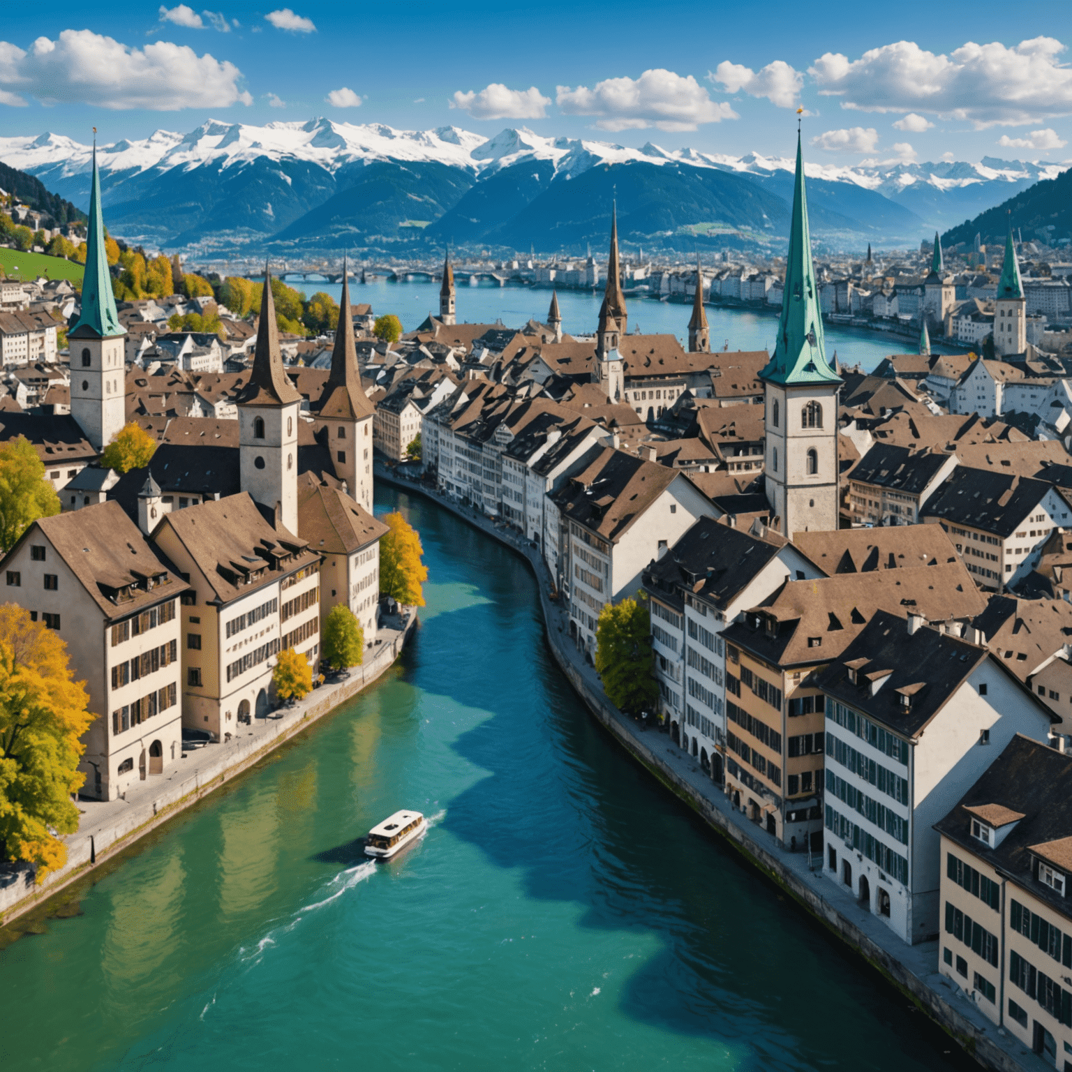 Picturesque view of Zurich's old town with the Limmat River, colorful buildings, and snow-capped Alps in the background