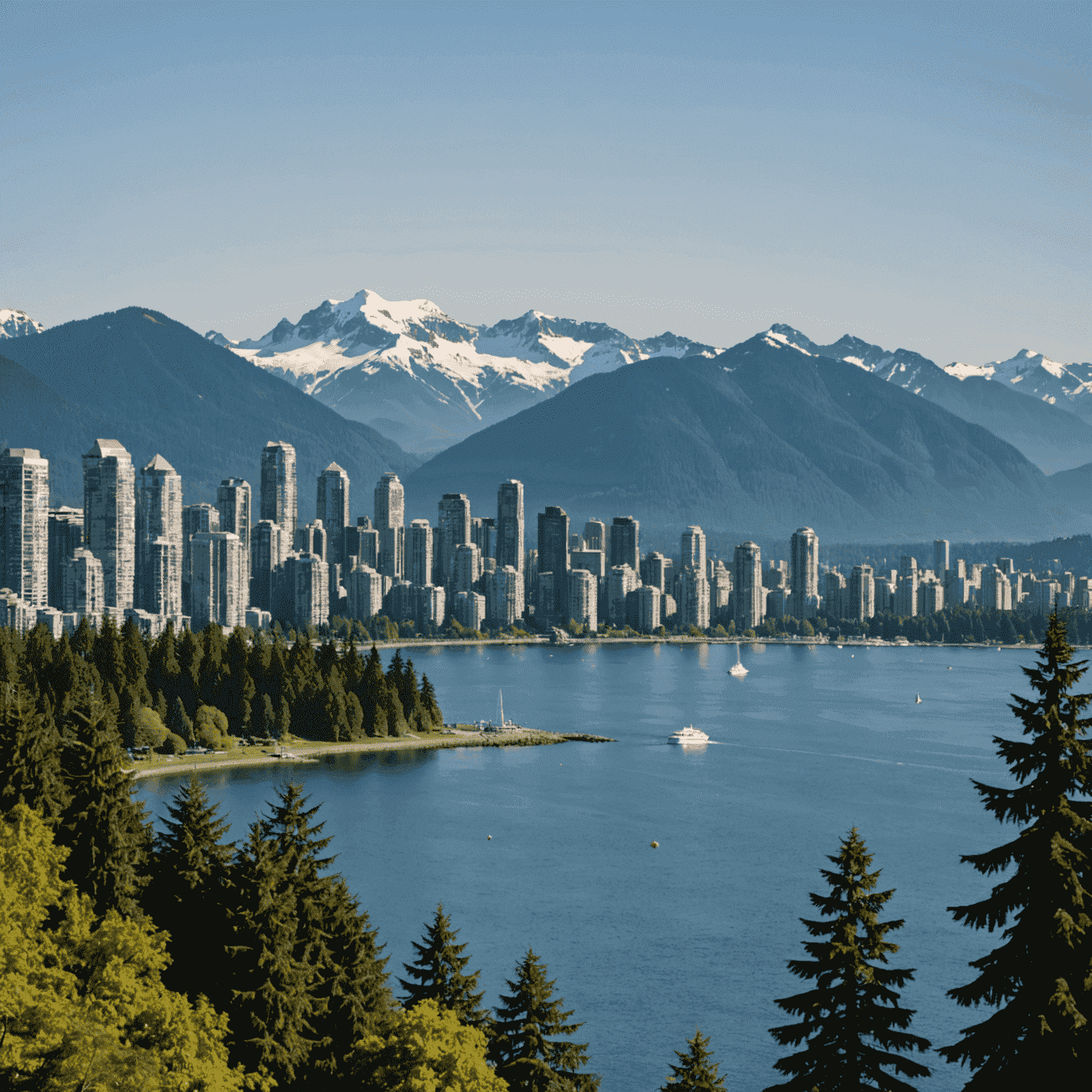 Vancouver's skyline with mountains in the background and Stanley Park in the foreground