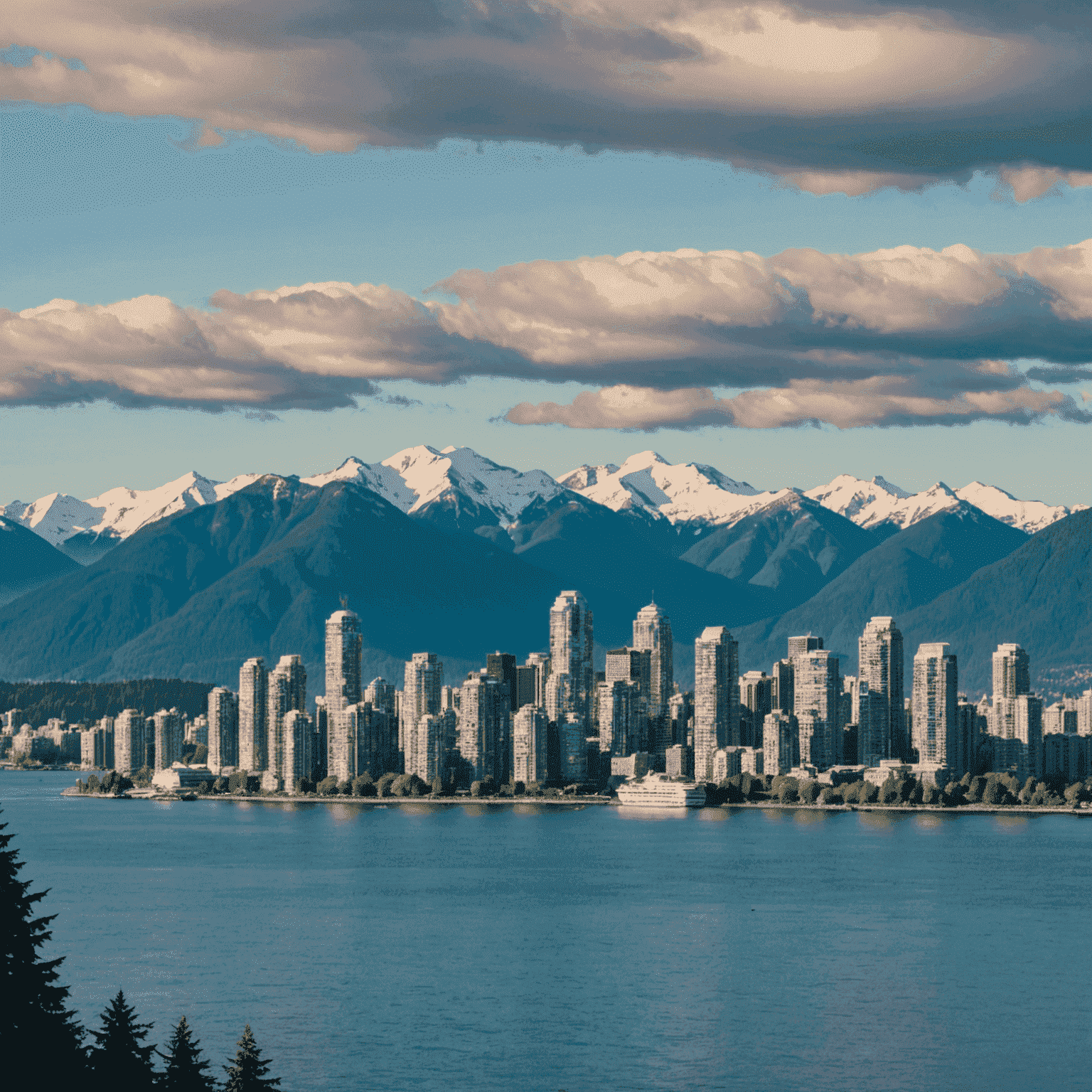 Stunning view of Vancouver's downtown skyline with mountains and ocean in the background, showcasing the city's natural beauty