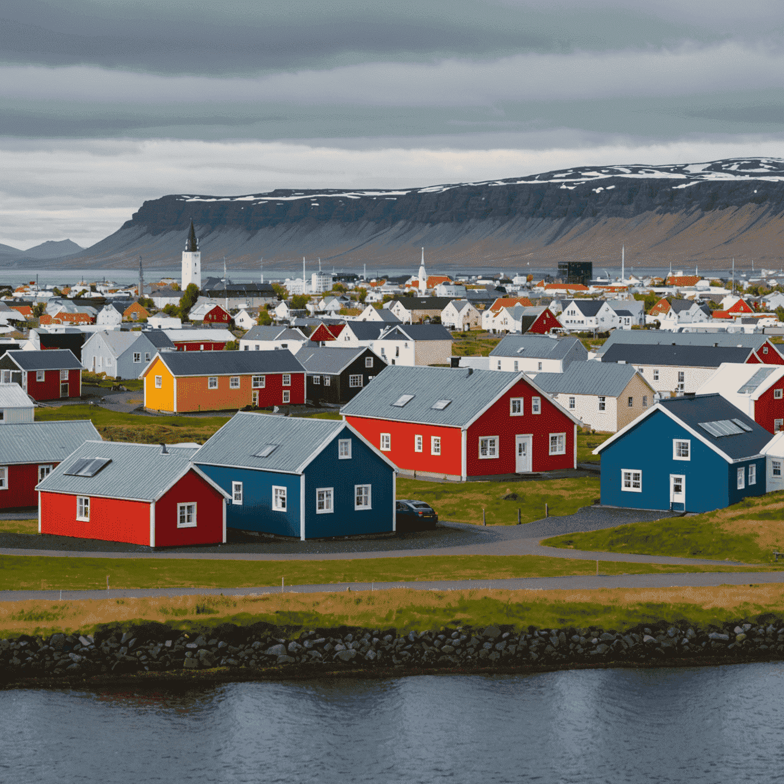 Reykjavik's colorful houses with geothermal power plant in the distance